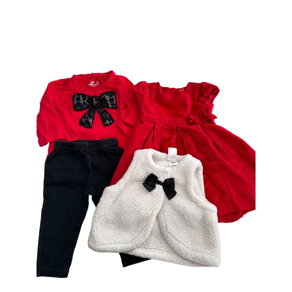 Carters Baby Girls 4-Piece Outfit Set Red Dress‎ Bow Top White Vest Pants Sherpa